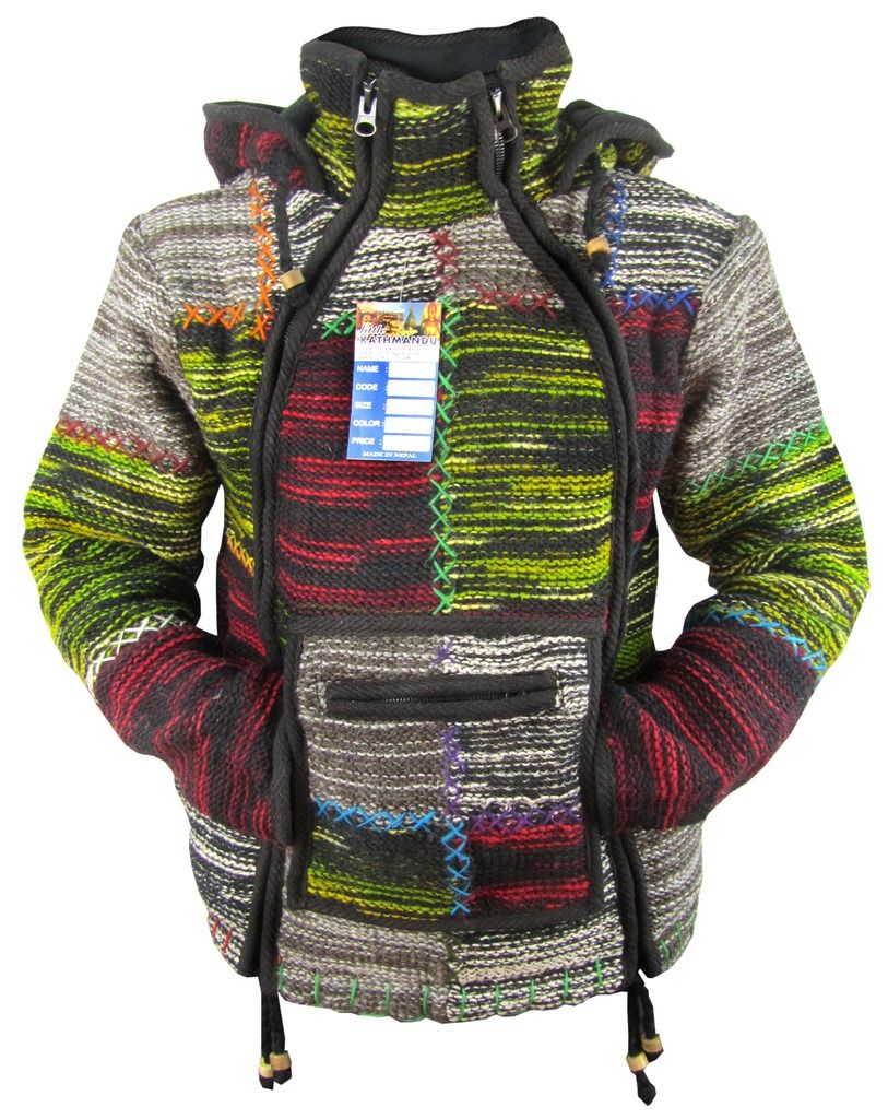 Men's Woolen Patchwork Knit Zip Fleece Lined Kangaroo Pouch Warm Jacket